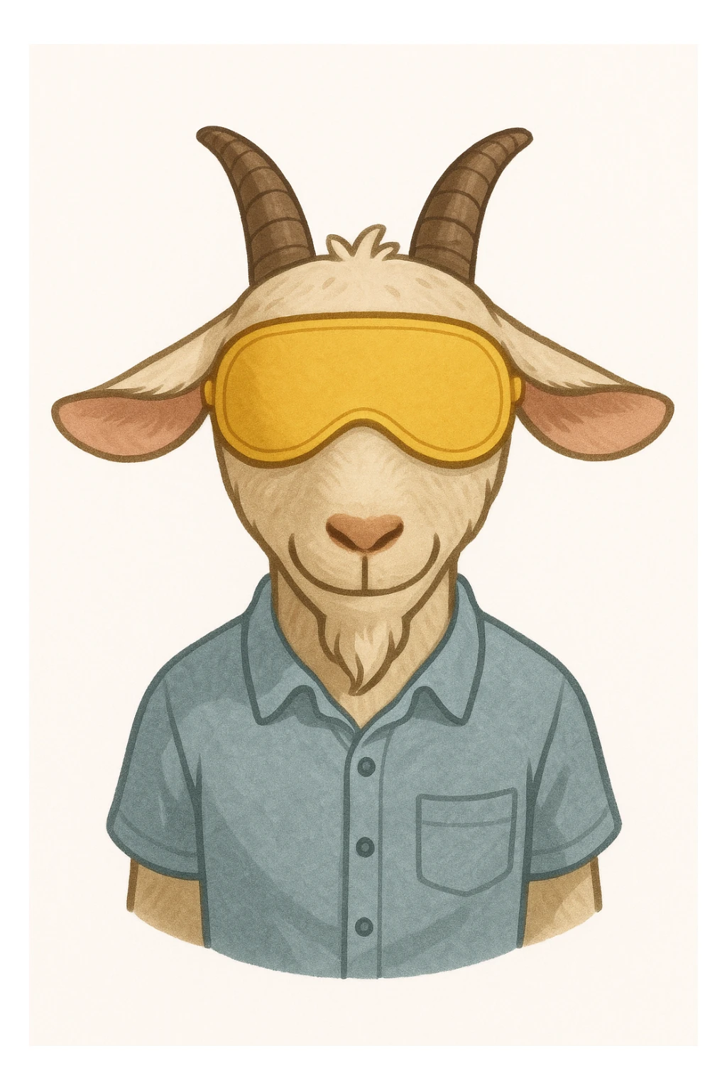a goat with yellow sleep mask and wearing shirt, front view,  Frontal Top-Down Soft Light, white background, portrait, casual cartoon stylized sticker