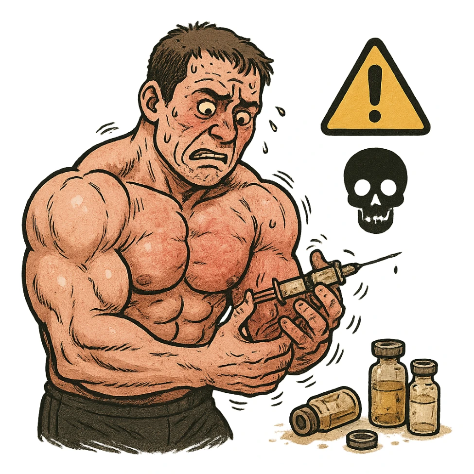 beginner bodybuilder injecting anabolic steroids without hygiene, dirty syringe, open vials, trembling hands, danger symbols and skull, swollen muscles but reddened skin, isolated on white background sticker