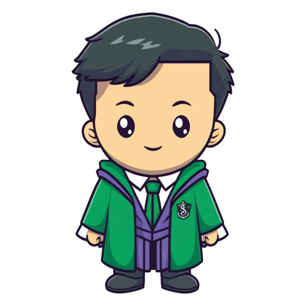 Young wizard in Slytherin uniform with green tie and robe sticker