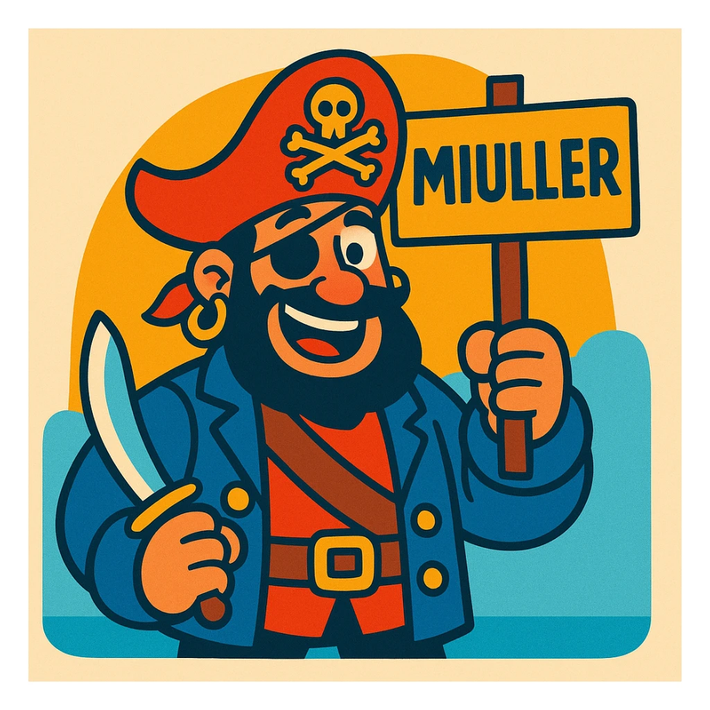 an expressive and friendly pirate holding a sign that says MIULLER, colorful illustration style, simple background sticker