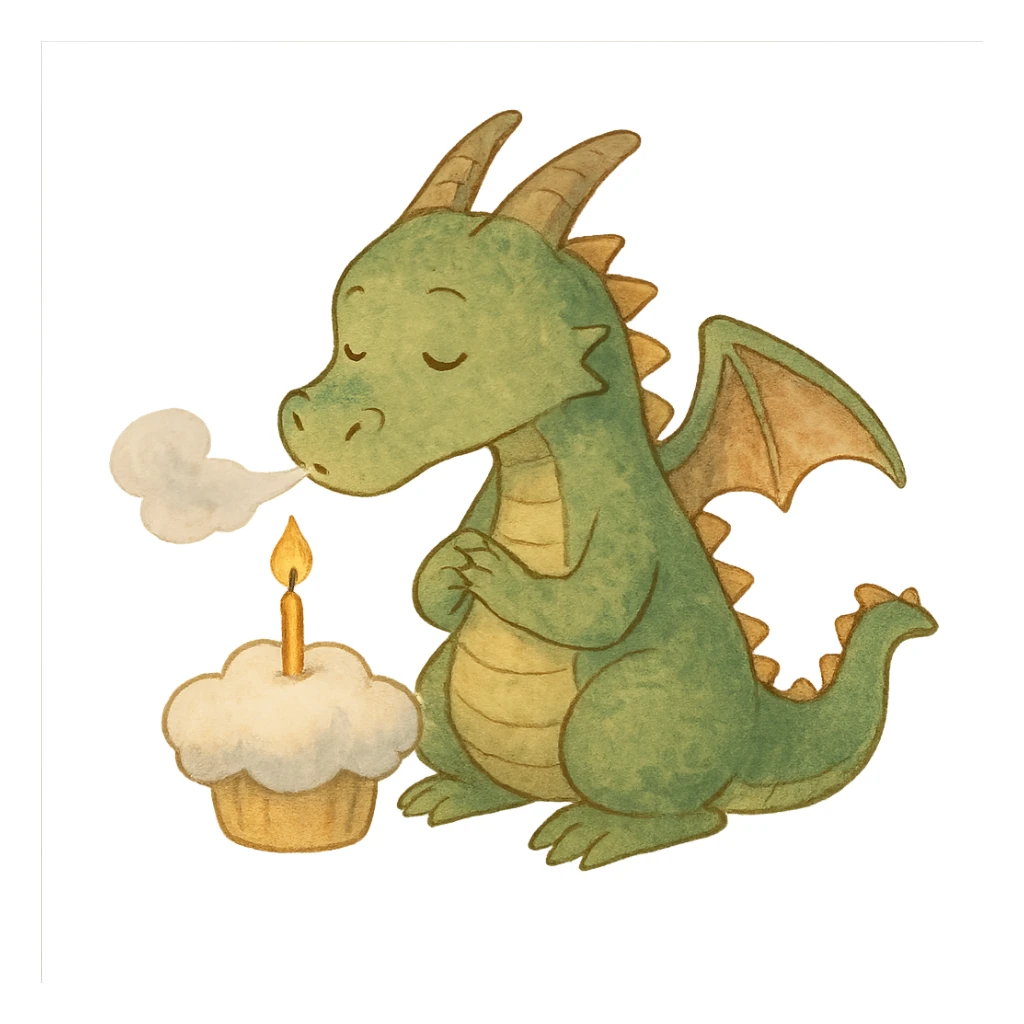 dragon with 1 line smiley eyes, blowing out candles on a cloud cupcake, in a soft Ghibli style, in a 'making a wish' pose sticker