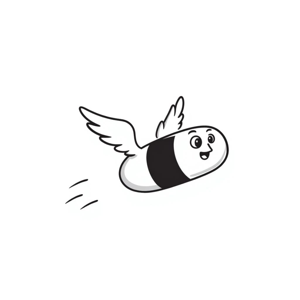 Medicine pill or capsule with small wings attached, flying through the air sticker