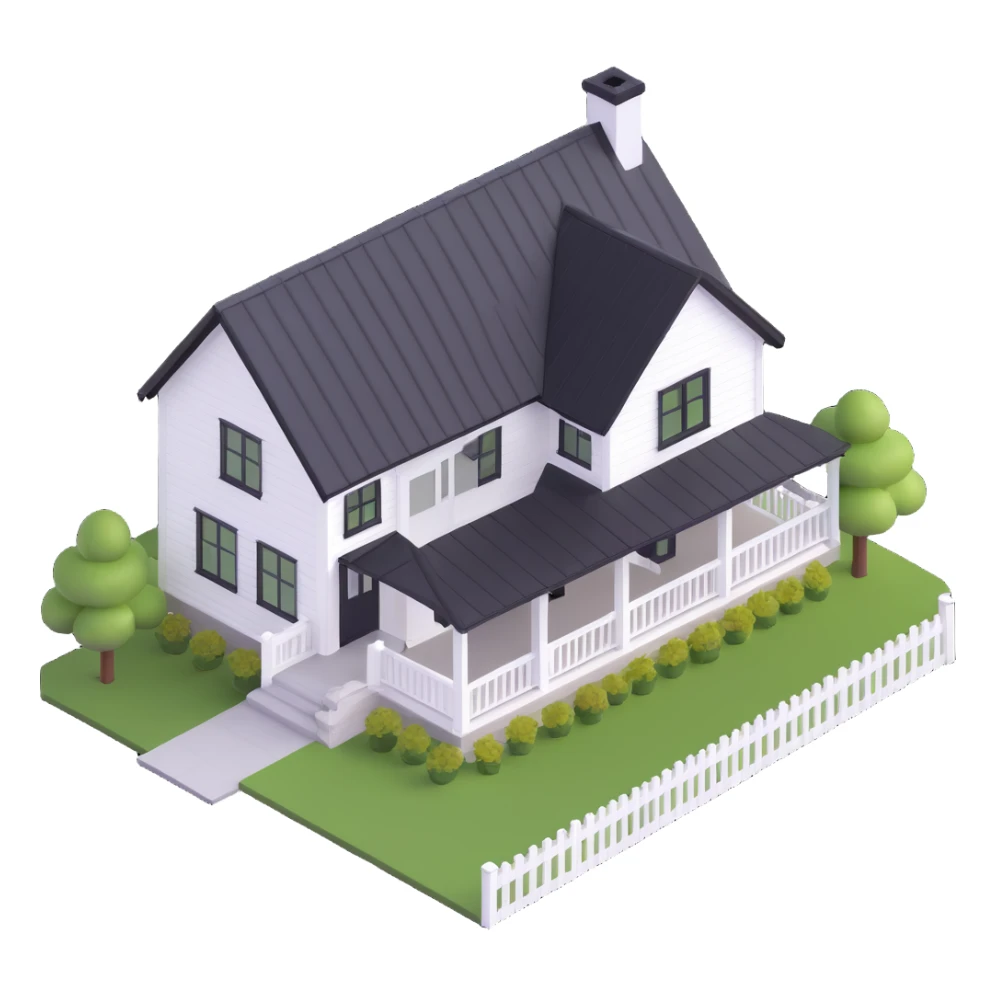 modern farmhouse with white siding, black roof and black trim, isometric sticker