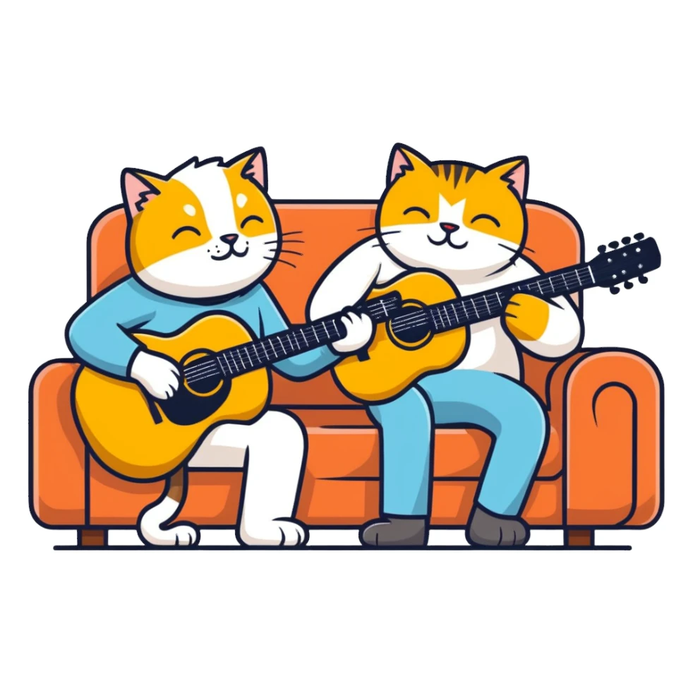  older blind man playing guitar  on the couch with his golden cat  sticker