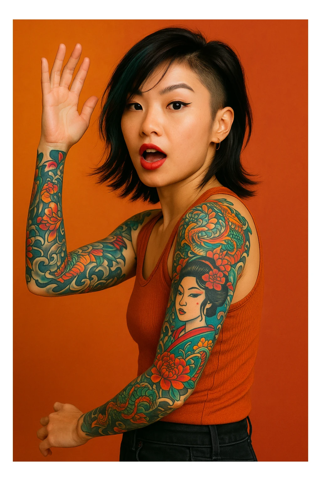 asian girl with sleeve tattoos, modern hairstyle, expressive pose sticker