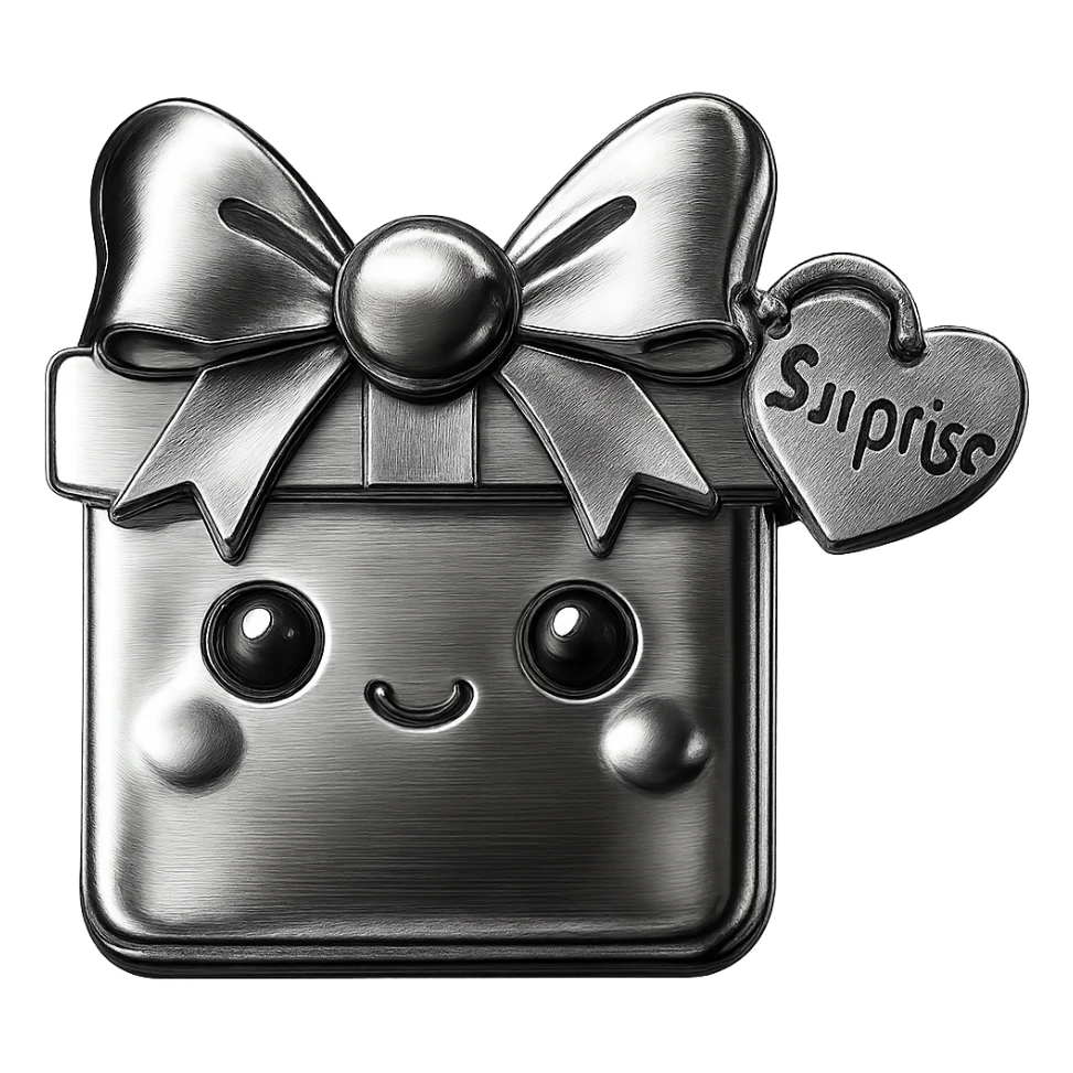 Recreate the blue heart-tagged pink gift in a chrome style, with the name 'Surprise' on the tag, no background. sticker