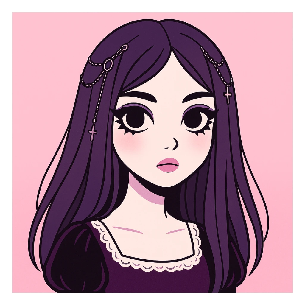 Make this pastel goth profile picture even more goth, keep it cute, expressive, and minimal, in the style of imagen-4-fast-KaUtLiSA10F. Enhance goth elements with pastel goth aesthetics, maintaining cuteness and expressiveness with minimalistic design. sticker