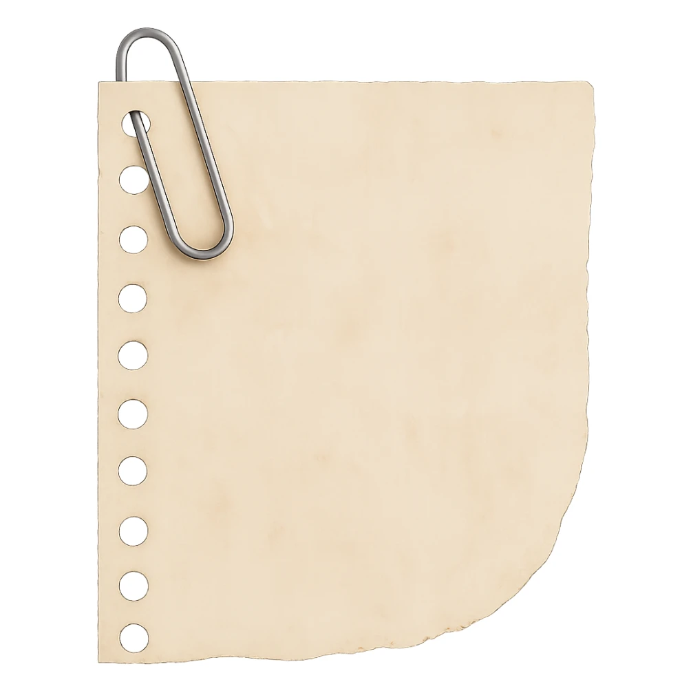 Add a realistic silver paperclip accent to the faded beige torn notebook paper scrap with spiral edge. Keep the watercolor texture and transparent background. No face, no hands, no legs, no characters. sticker