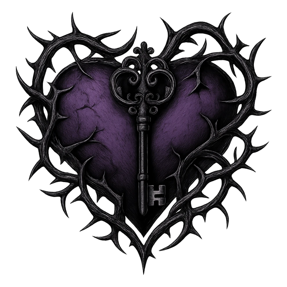 romantic goth heart with intertwined thorns and a key, gothic style, black and purple, detailed sticker