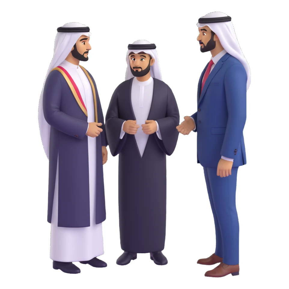 UAE sheikh in traditional clothes standing and talking with a USA businessman in a suit sticker