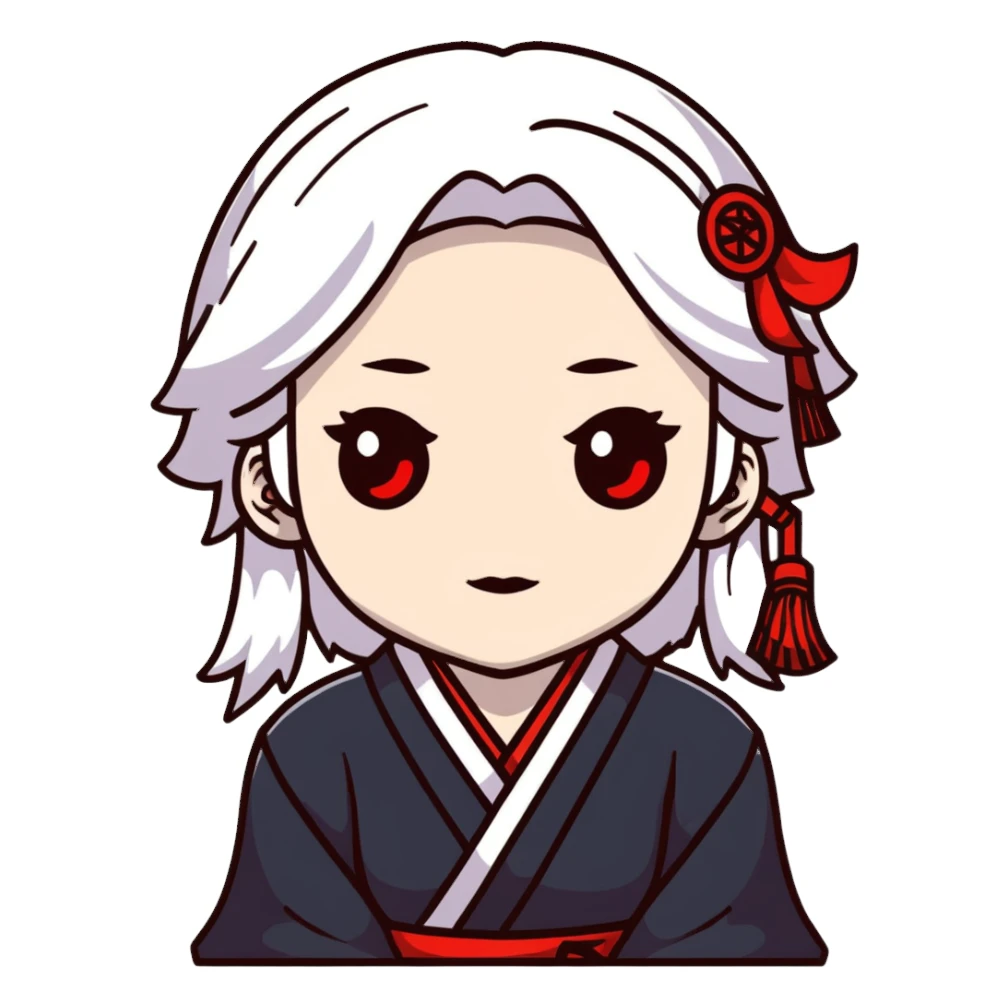 forty year old albino shrine maiden with white hair, red eyes, and pale face sticker
