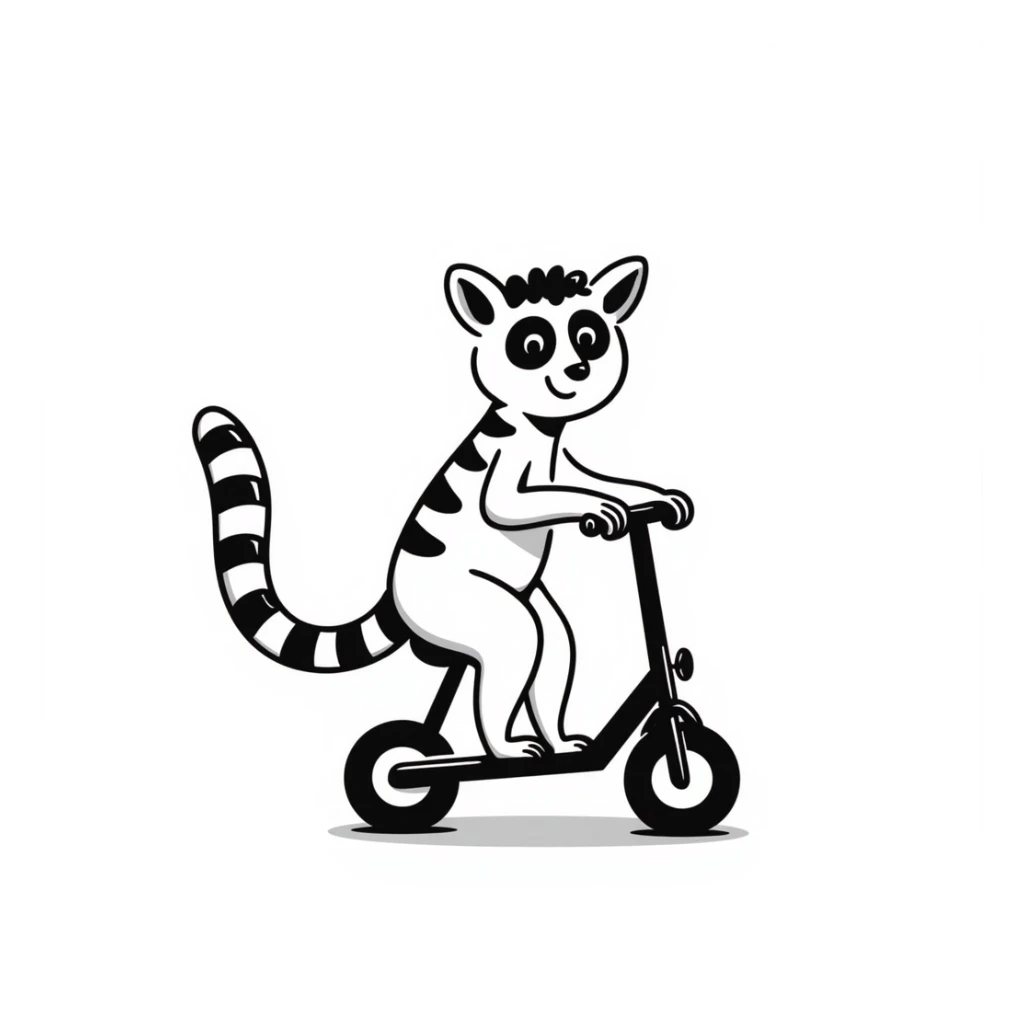 ring tailed lemur riding a mobility scooter, hand drawn doodle style sticker