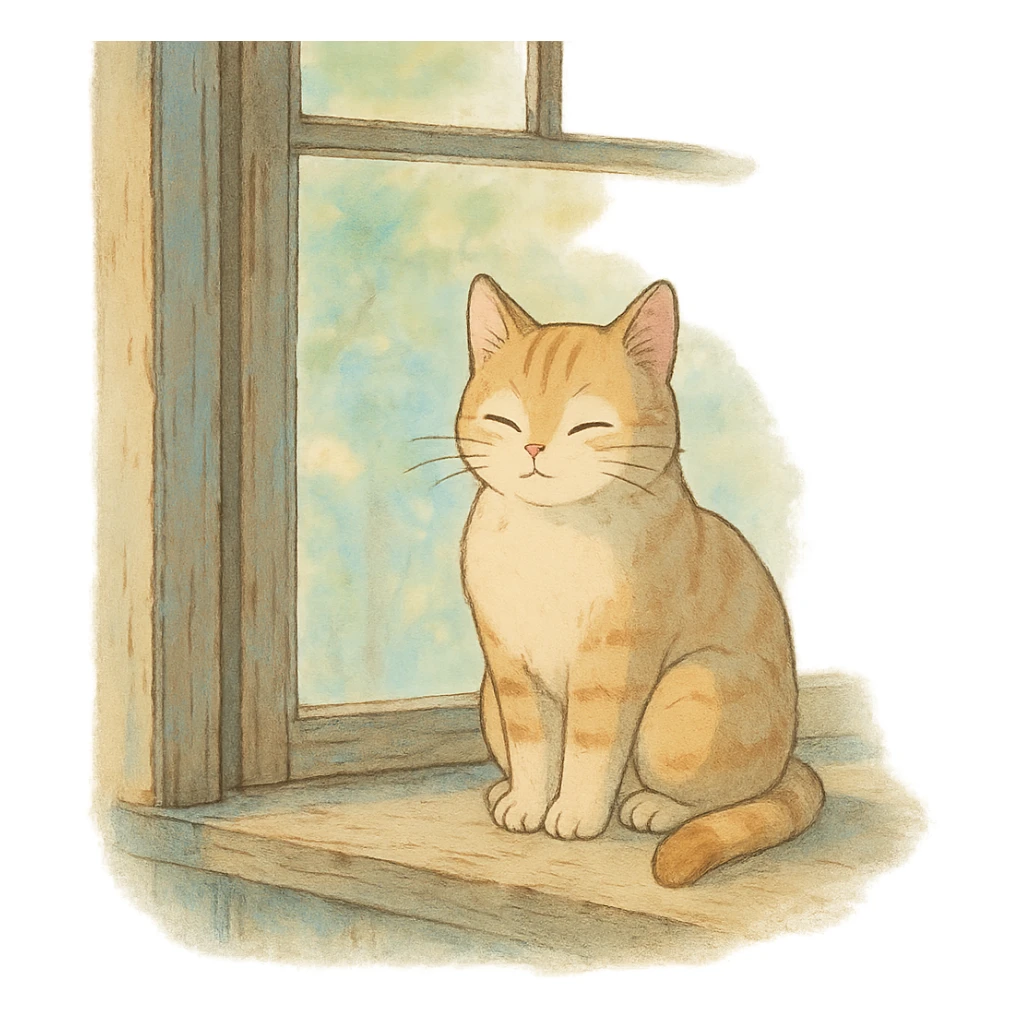 cat sitting on a windowsill in ghibli style, detailed, soft colors, whimsical atmosphere sticker
