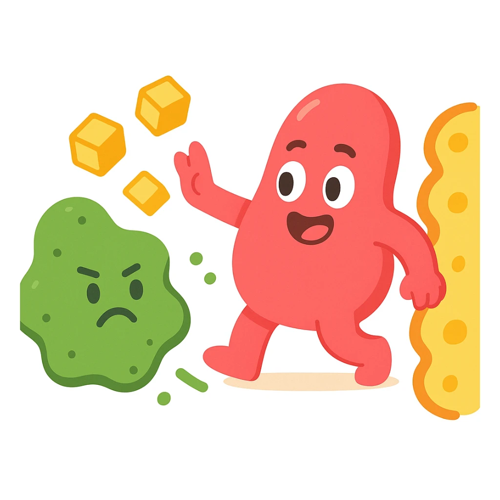 Ultra-detailed emoji-style illustration of enzyme digestion: Red amylase breaking green starch into sugars near a yellow cell membrane. Clean white background, no text. Scientific but simple, cartoon-exact shapes sticker