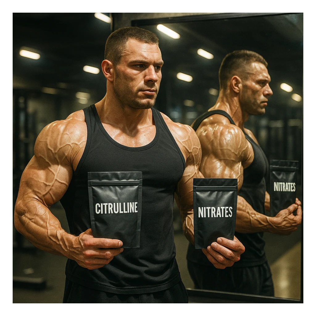realistic bodybuilder in front of gym mirror, veins visible on arms and shoulders, holding Citrulline and Nitrates packages, reflection emphasizing vasodilation, intense light, motivating atmosphere, detailed sticker