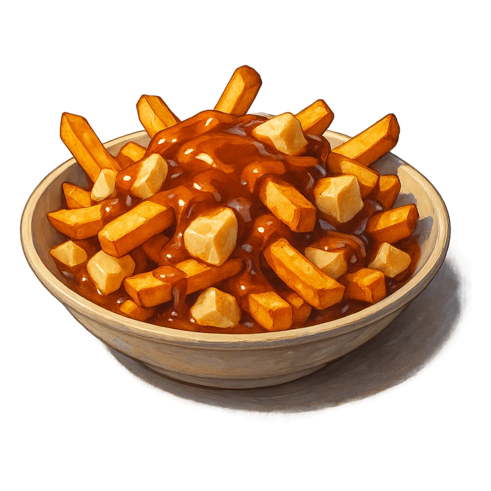 В слега рисованном, но при этом ярком и объемном стиле сгенерируй картинку сочного американского канадского блюда путин, профессионально выставленный свет, который подчеркивает объем, прозрачный фон sticker