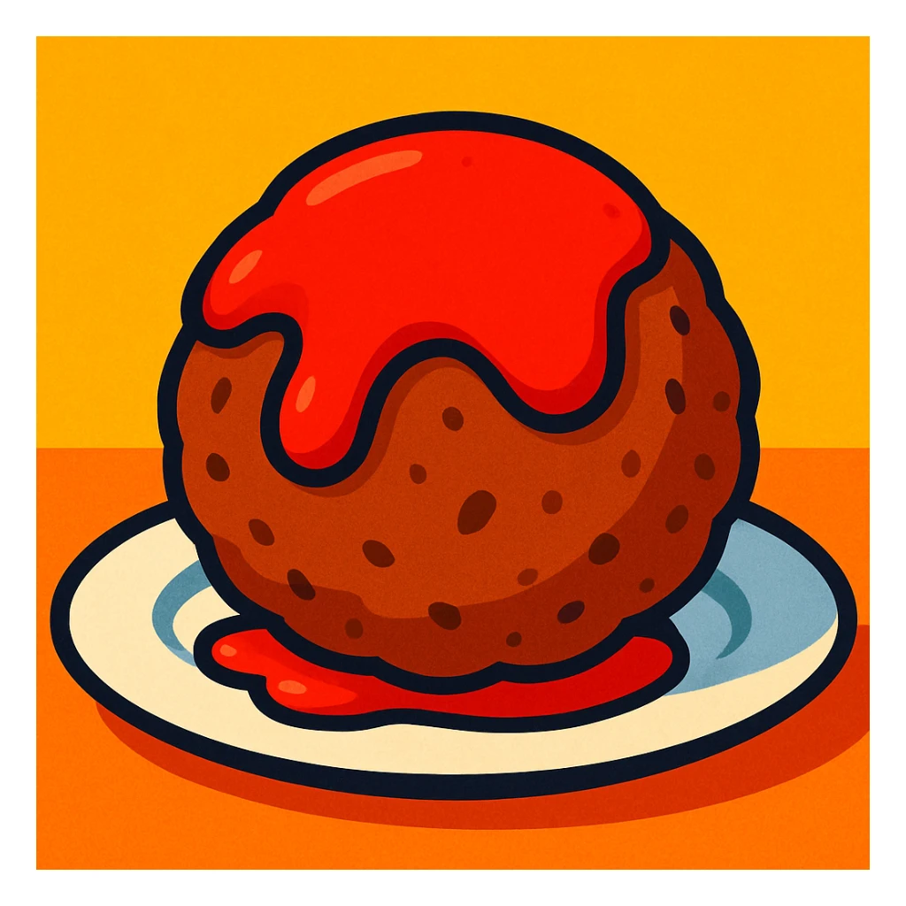 a meatball with tomato sauce on a plate, cartoon style, vibrant colors sticker
