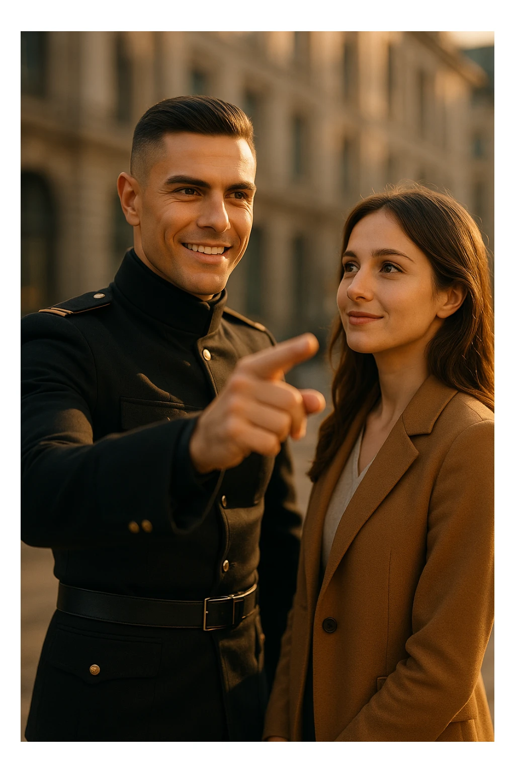 A confident man standing in front of a woman, gently pointing forward with a clear direction, showing leadership and confidence, the man is dressed sharply like a commander, the woman looks at him with trust, warm sunlight, cinematic lighting, high-resolution, realistic details, elegant urban background, depth of field, 50mm lens look. sticker