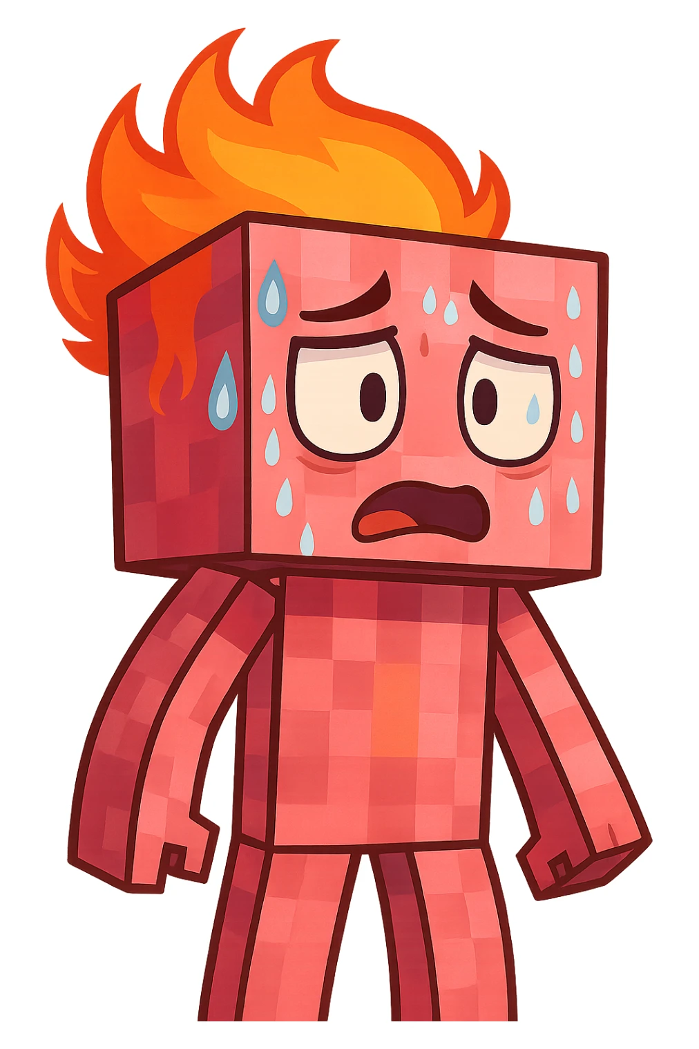 Change the expression of the character to nervous/sweating, keeping the style and appearance the same, inspired by playful Minecraft-style expressions. Transparent background. sticker