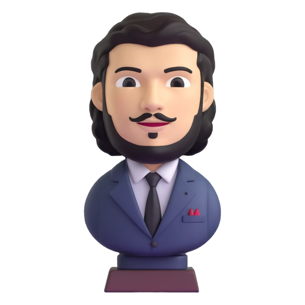 statuette of Che Guevara in a suit and tie, big head, confident smile sticker