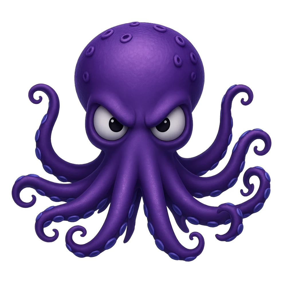 Remove the nose, make the octopus look scary, keep the purple color, with no background. Maintain the original style and details of the octopus while making it look scary and purple. sticker
