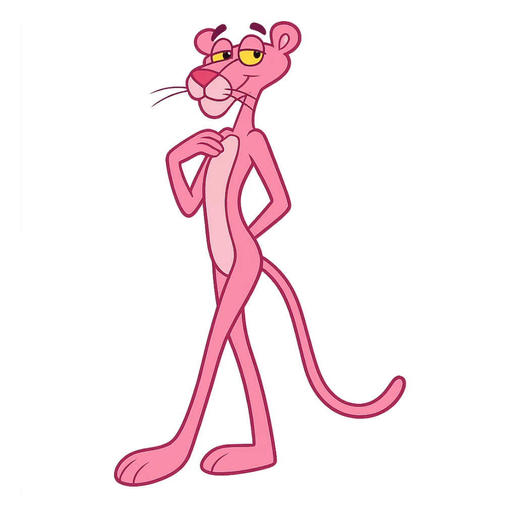pink panther character inspired by classic animation, more beautiful, elegant pose, smooth lines, vibrant pink color, expressive face sticker