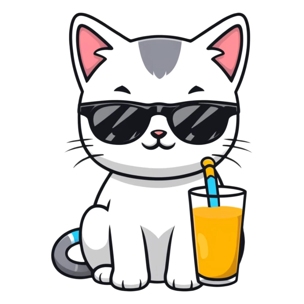 Crie um emoji de um gatinho tomando suco e com óculos de sol sticker