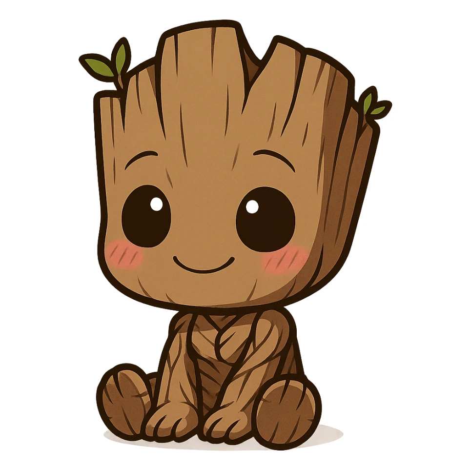 chibi anime style cute Groot sitting with a smile and blushing cheeks sticker