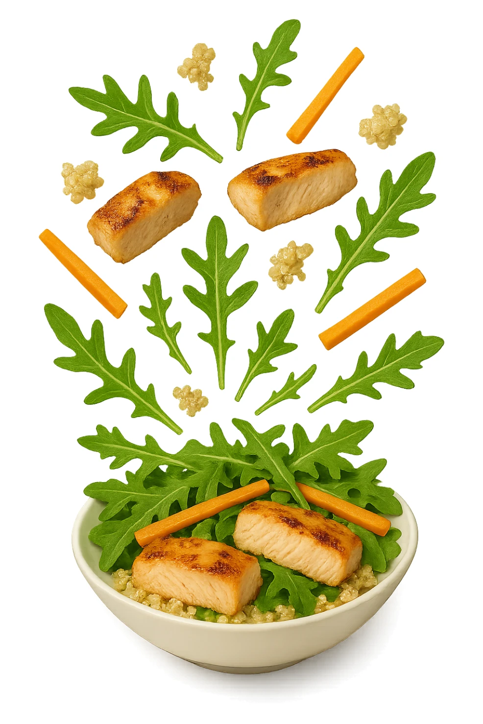 EMOJI STILE IPHONE DI Insalata di quinoa e pollo con rucola e carote che cade verticalmente dall'alto, iperrealistica 4k sticker