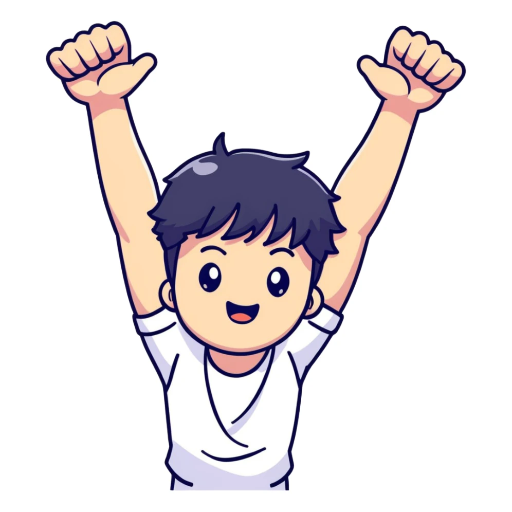 Black-haired male idol with arms up in the air, energetic performance pose, K-pop style sticker