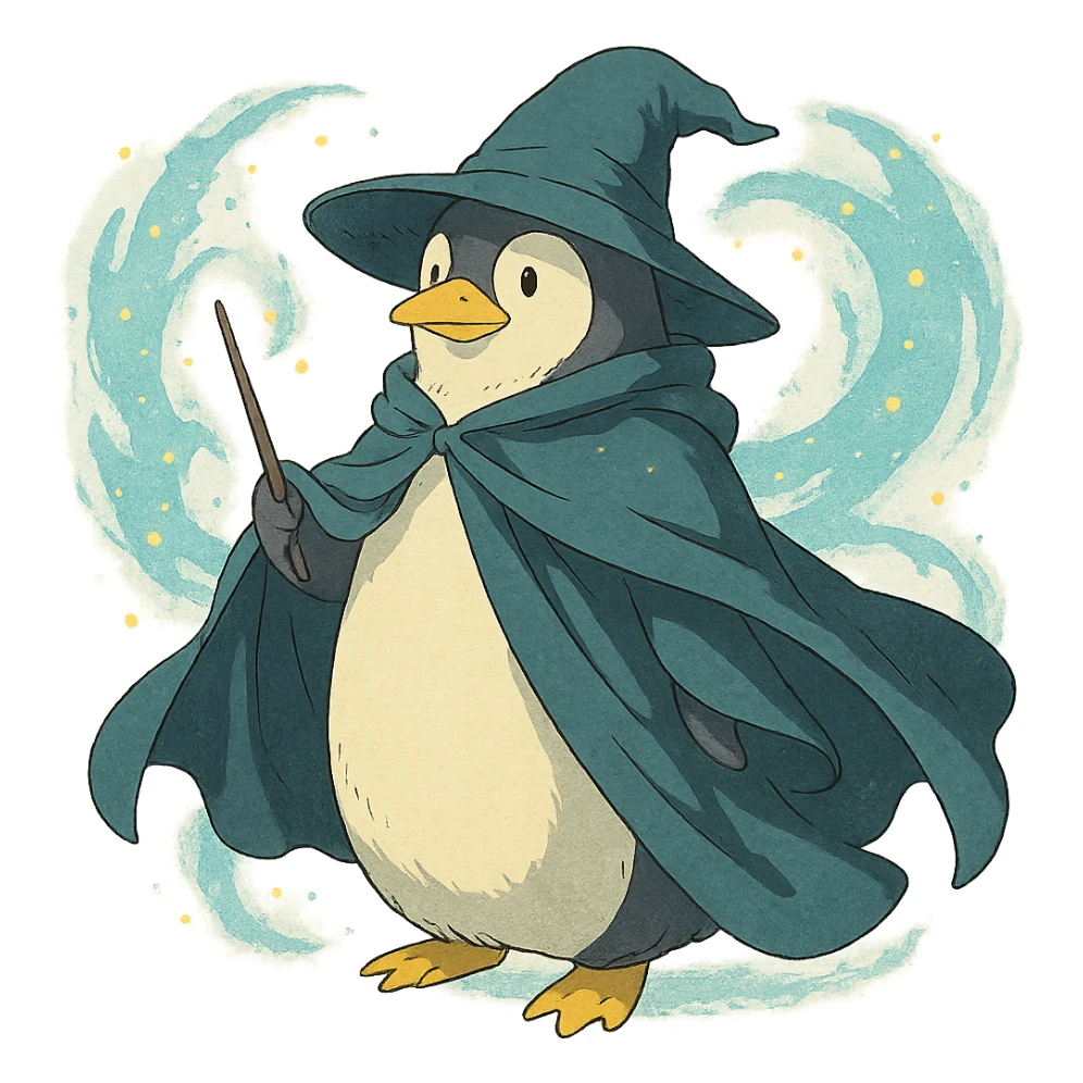 penguin wizard with a flowing cloak and magical aura sticker