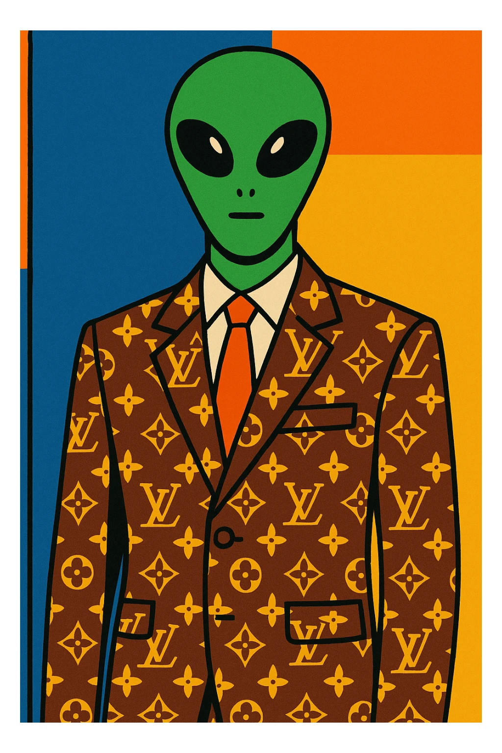 Green tall alien wearing Louis Vutton suit sticker