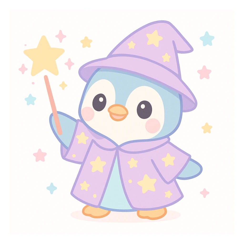 cute penguin wizard casting a spell, wearing a starry robe and holding a wand sticker