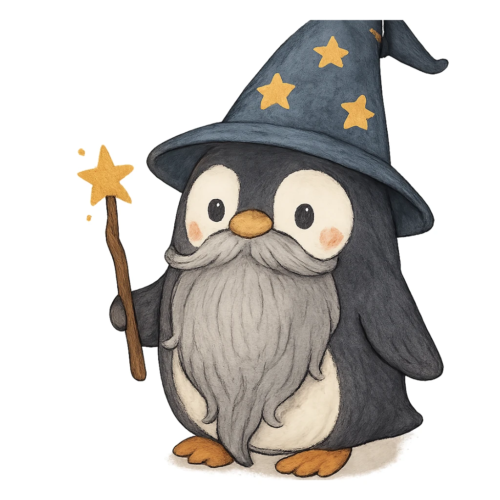 cute penguin wizard with a long beard and a pointy hat sticker