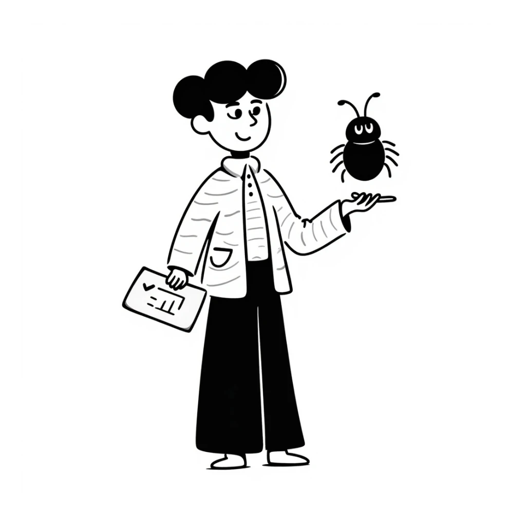 professional QA engineer character holding a clipboard and a bug icon sticker