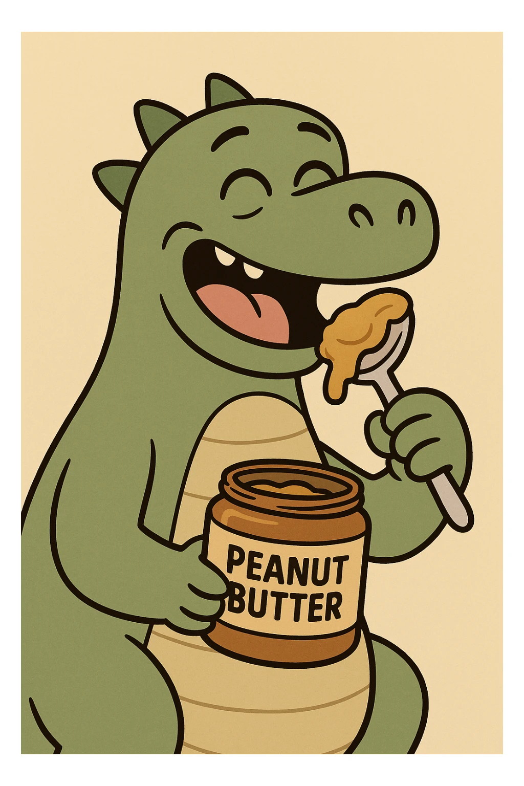 cartoon style dinosaur happily eating peanut butter sticker
