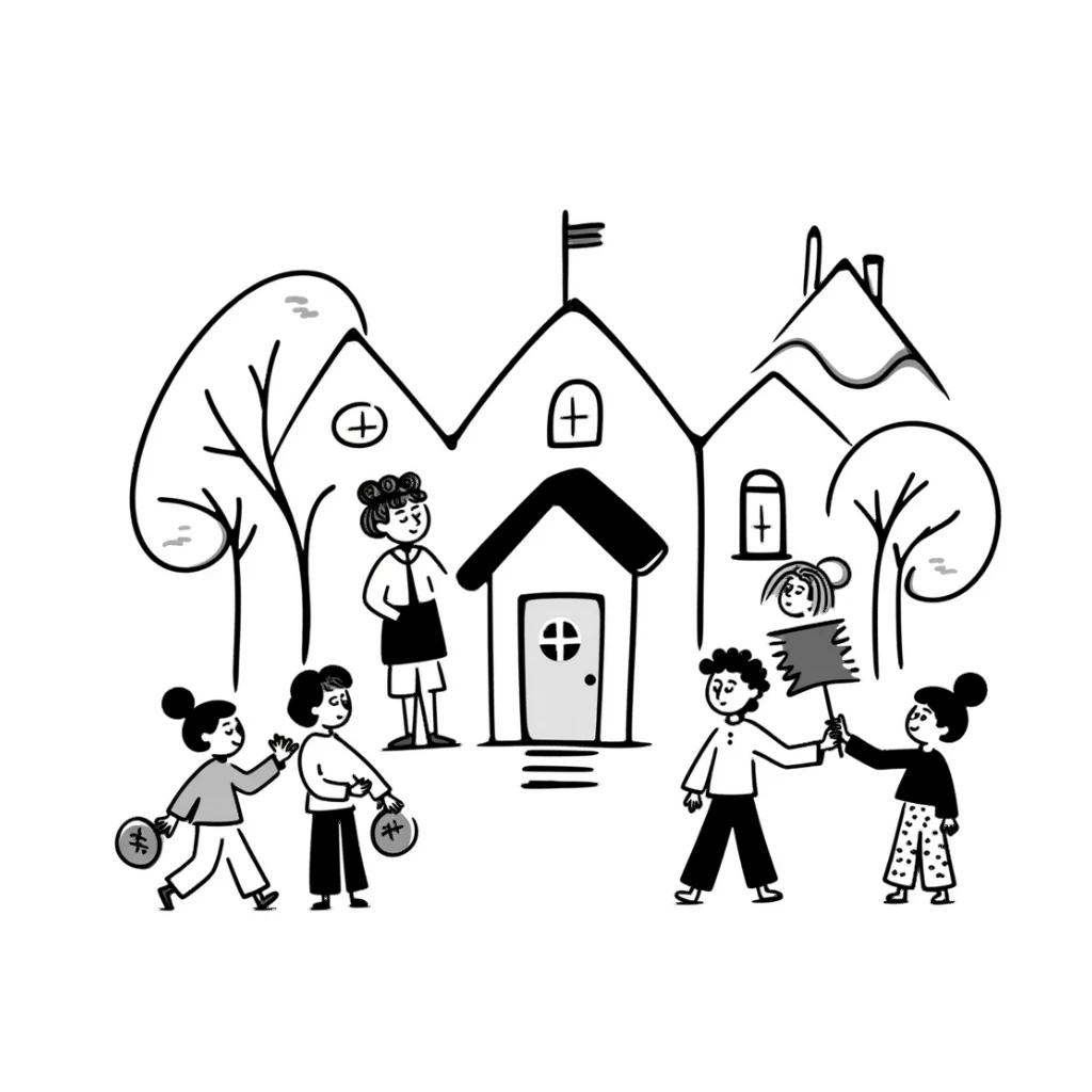 doodle style village life with hand-drawn houses, trees, and people sticker