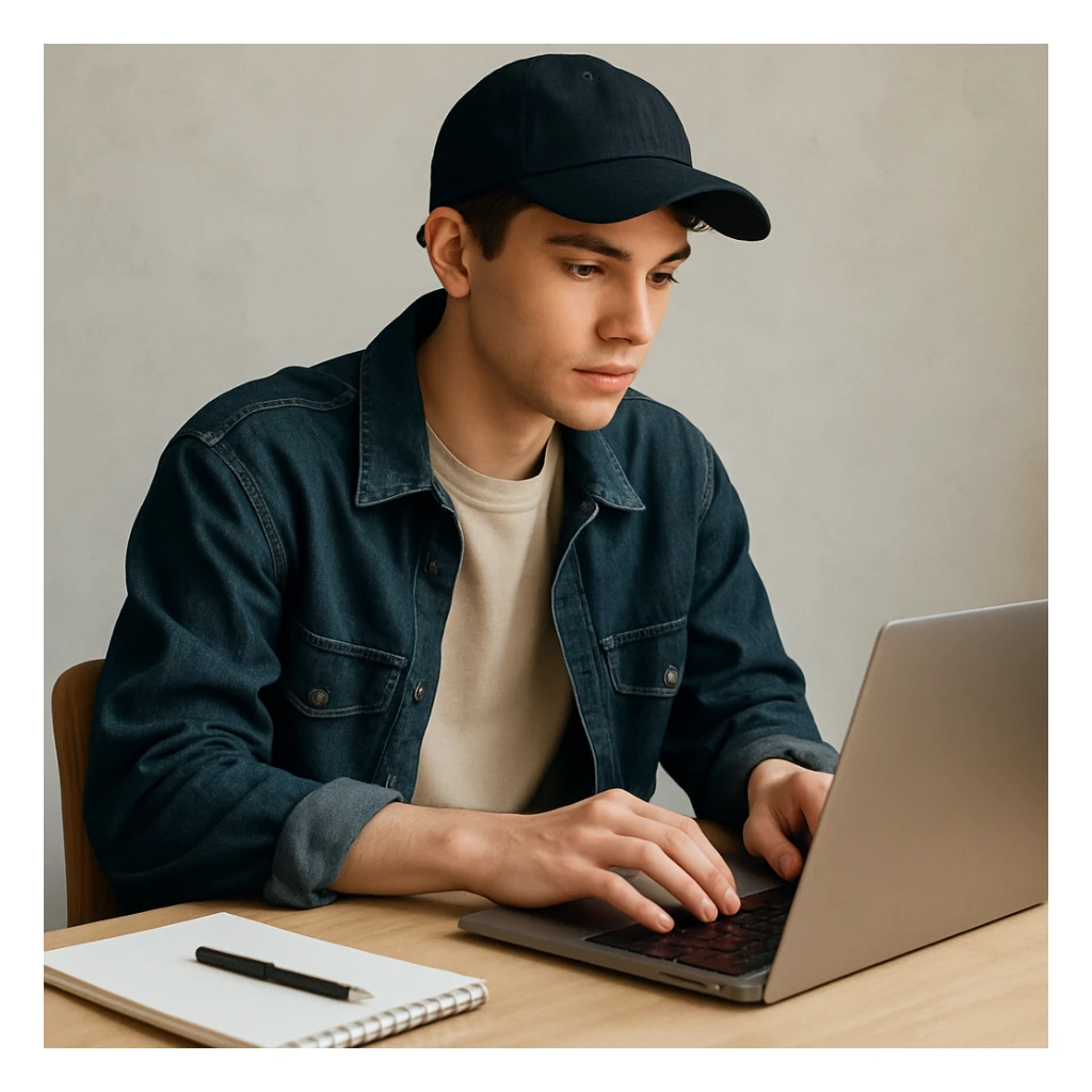 youthful designer in a baseball cap, working on a laptop, trendy outfit sticker