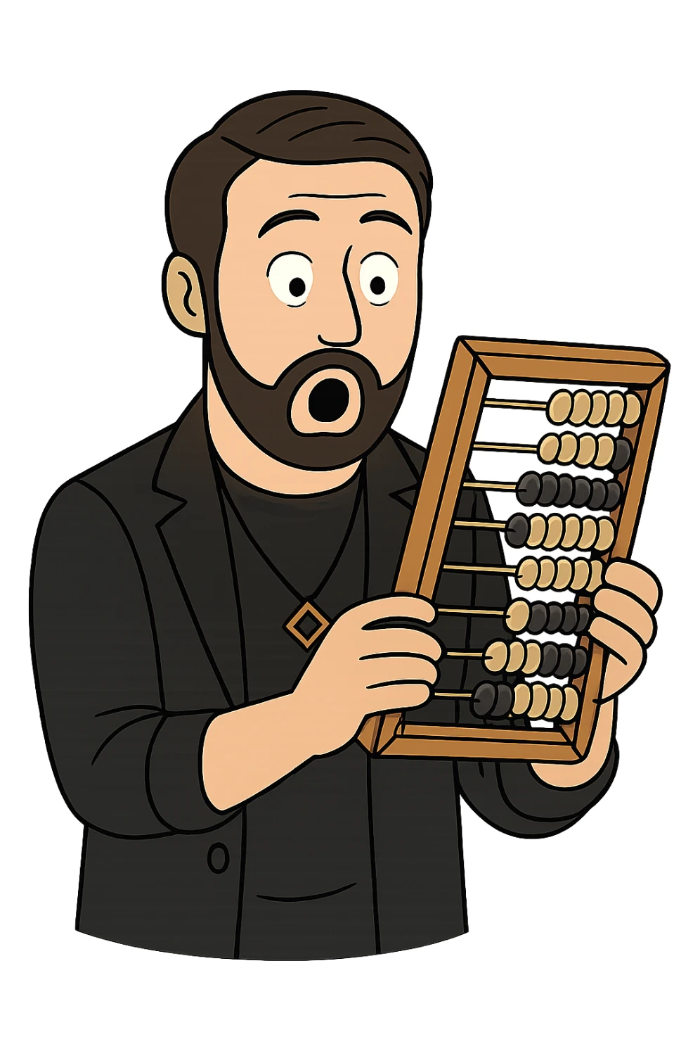 Используя такую стилистику, сгенерируй картинку, где герой удивленно держит счёты в руках и смотрит на них, прозрачный фон sticker