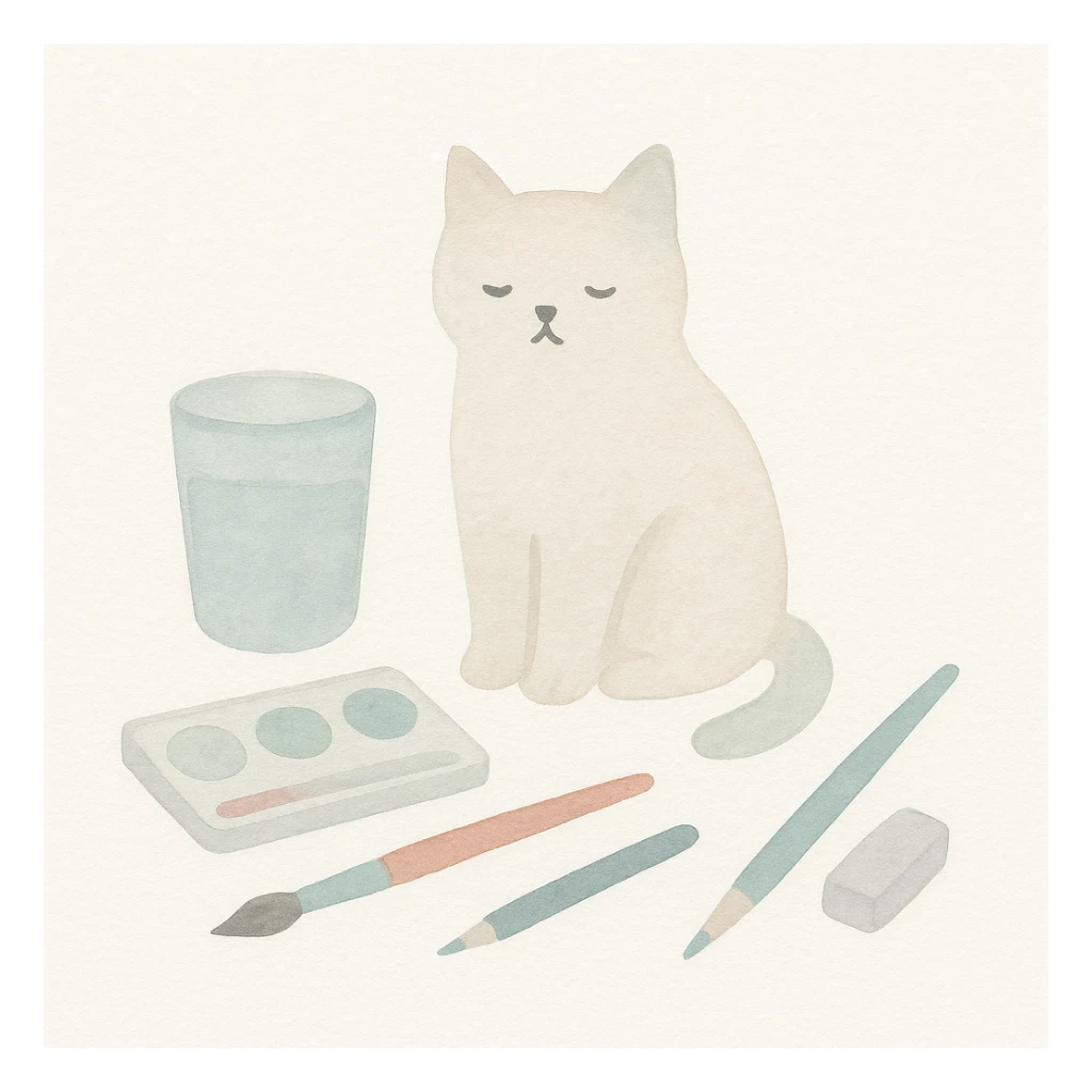 cat surrounded by art supplies, watercolor style sticker