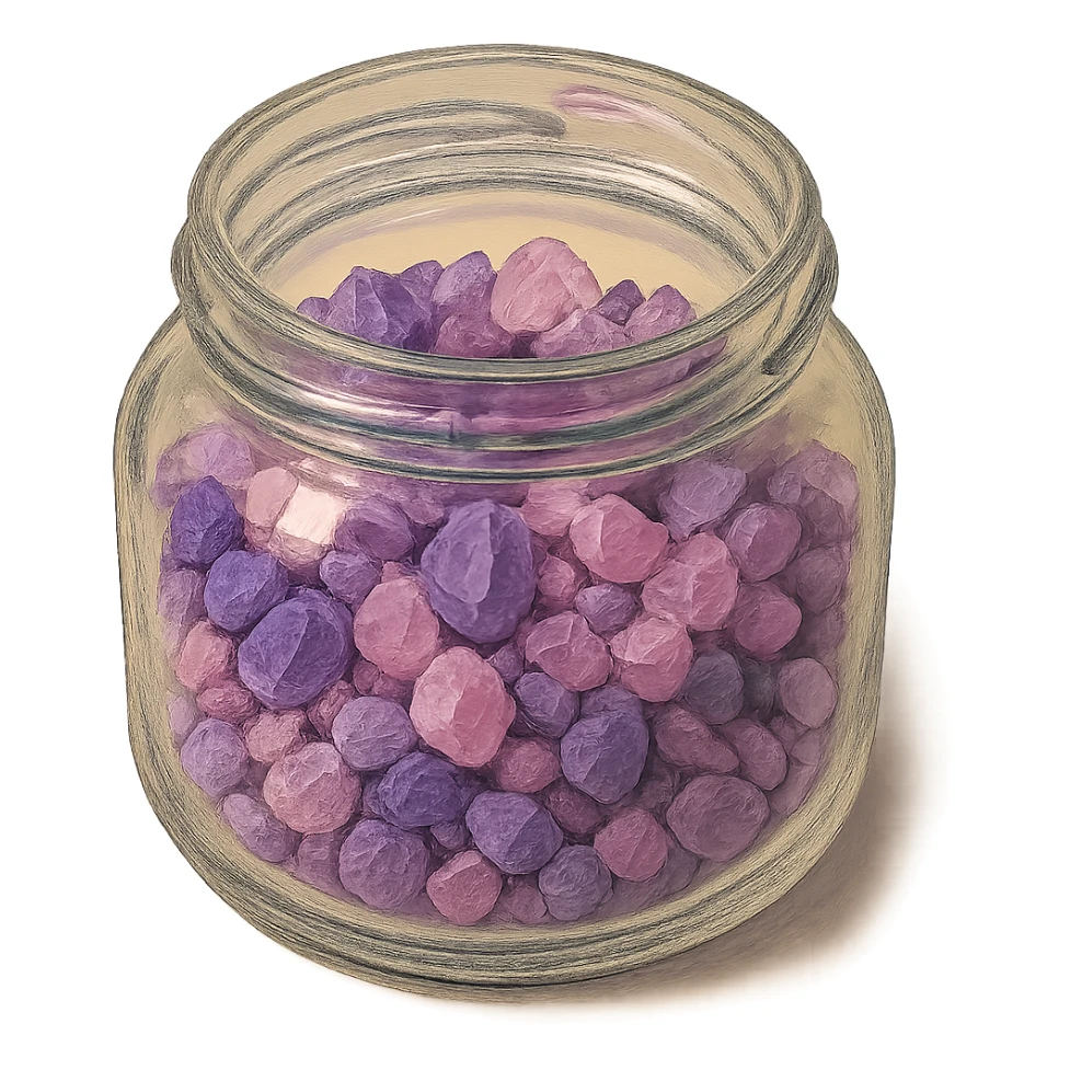 very realistic purple and pink crystal small rough pebbles in an open glass jar, mixed together, natural colors, soft, fairy-like atmosphere, no background, square size sticker