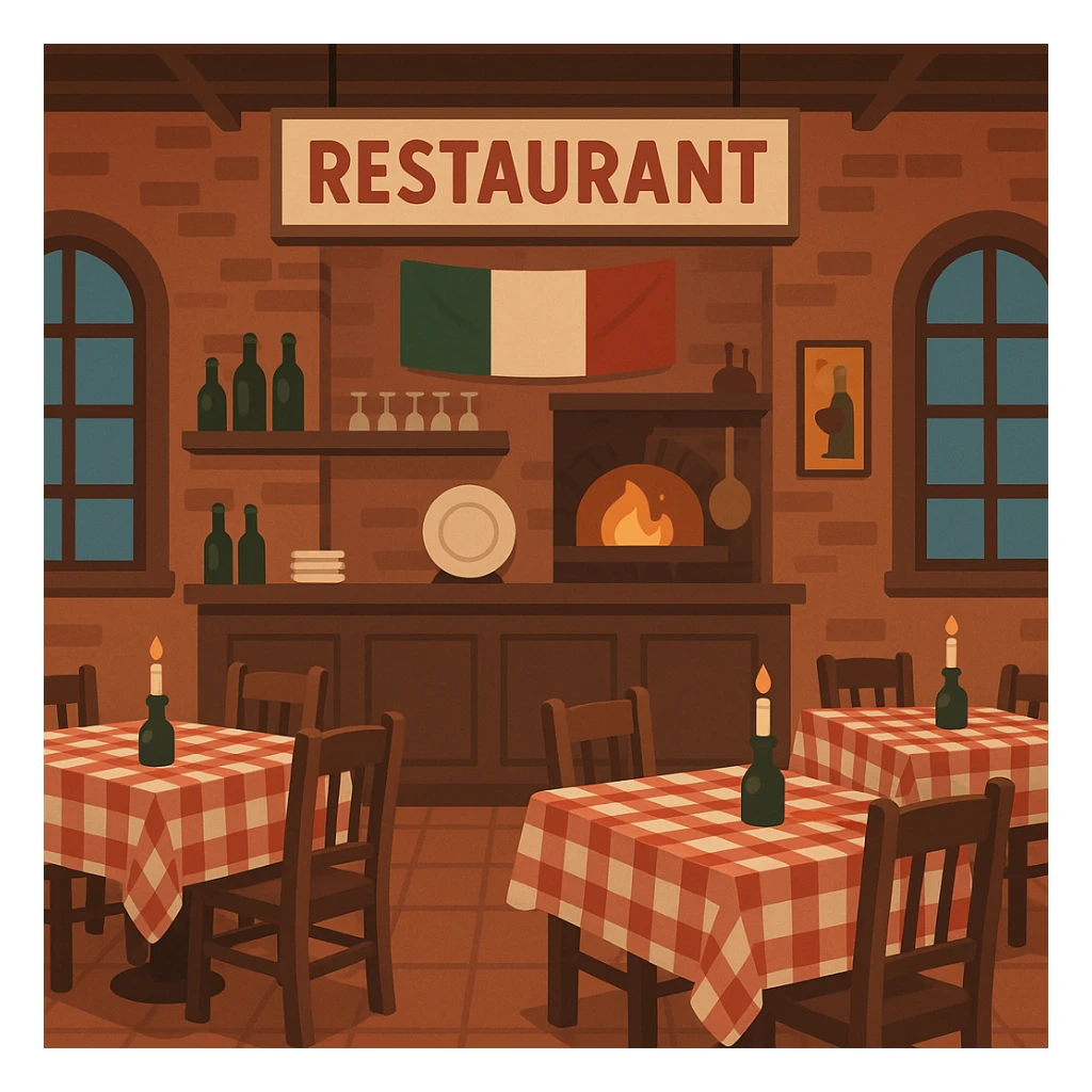 flat toon style Italian restaurant with checkered tablecloths visible sticker