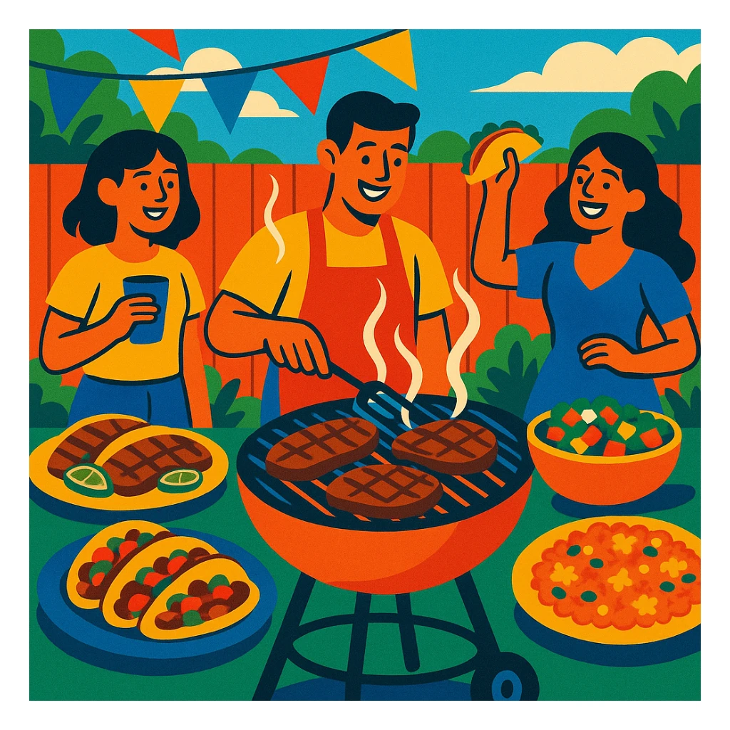 festive backyard grill scene with carne asada, colorful and lively sticker