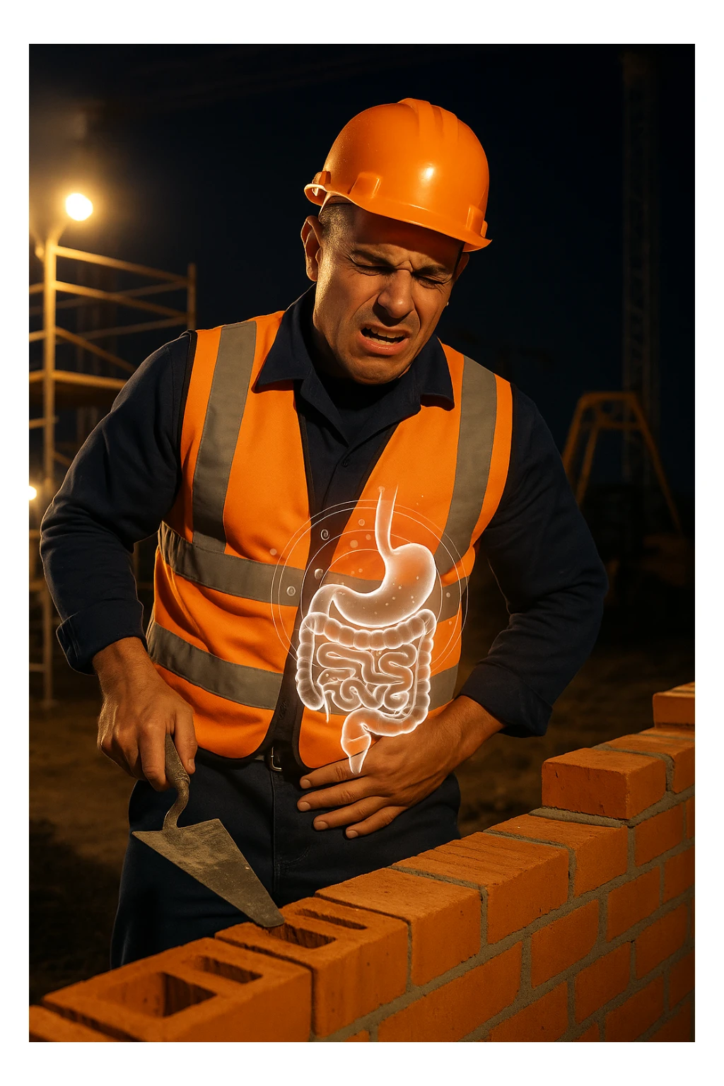 a construction worker in a reflective vest and hard hat is laying bricks at a nighttime construction site, illuminated by strong work lights. He pauses, one hand on his abdomen with a pained or uncomfortable expression, while the other holds a trowel. In the background, scaffolding and machinery are visible under the night sky. Subtle icons or overlays highlight digestive organs, suggesting the need for intestinal balance. sticker