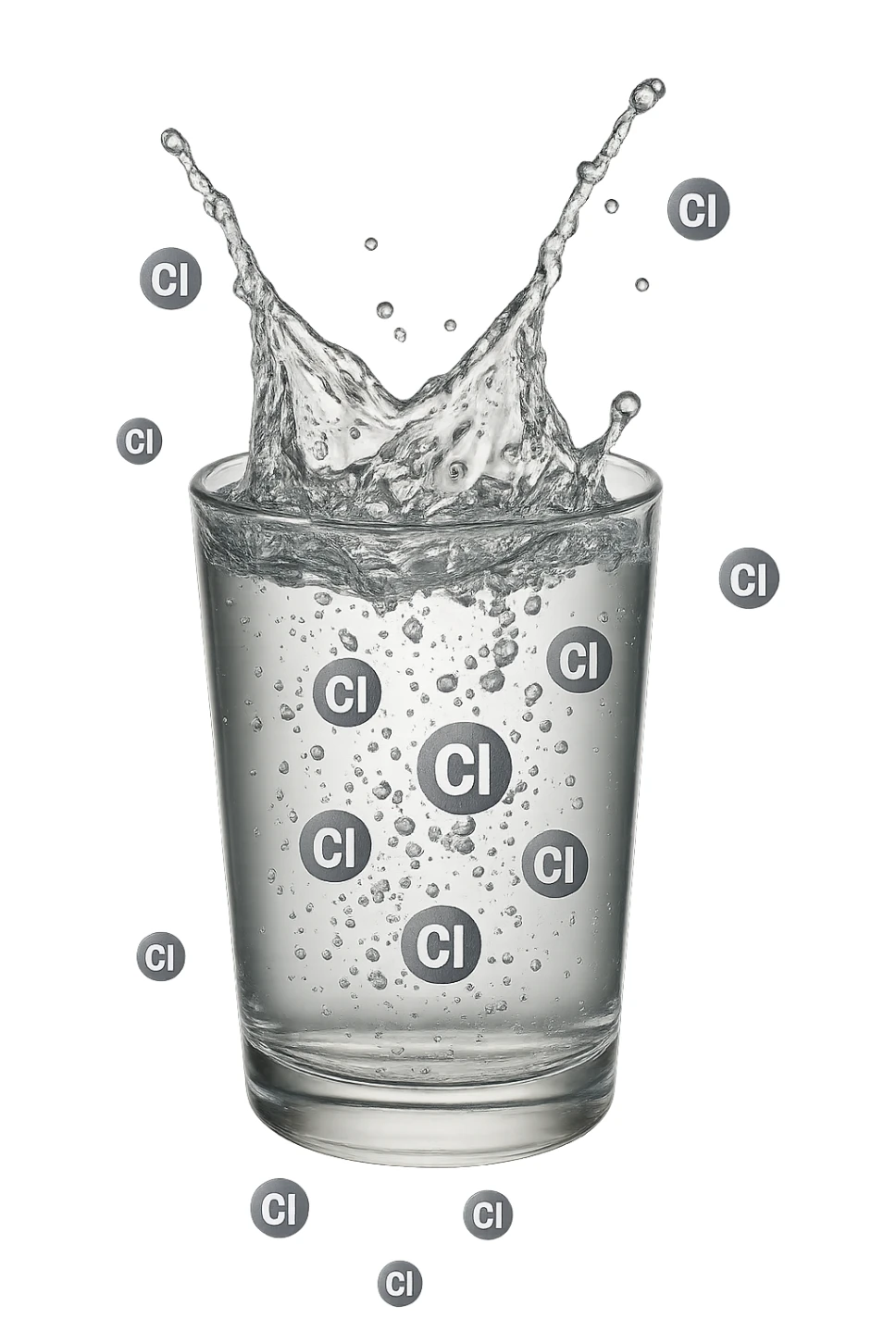 un bicchiere di acqua cade verticalmente dall'alto realistico e dettagliato, dentro l'acqua del bicchiere ci sono particelle di cloro ben visibili con la scritta "Cl" sopra, ci sono particelle anche che escono dal bicchiere e fluttuano in aria verticalmente, mentre alcune sono all'interno dell'acqua nel bicchiere, iperrealistico 4k sticker