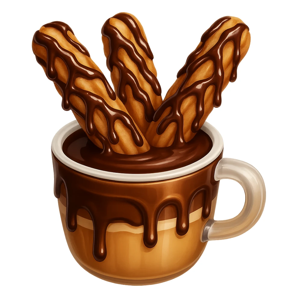 Add extra chocolate drizzle to the churros with chocolate dipping sauce. Keep the background transparent. Maintain the original style and look of the churros and sauce. sticker