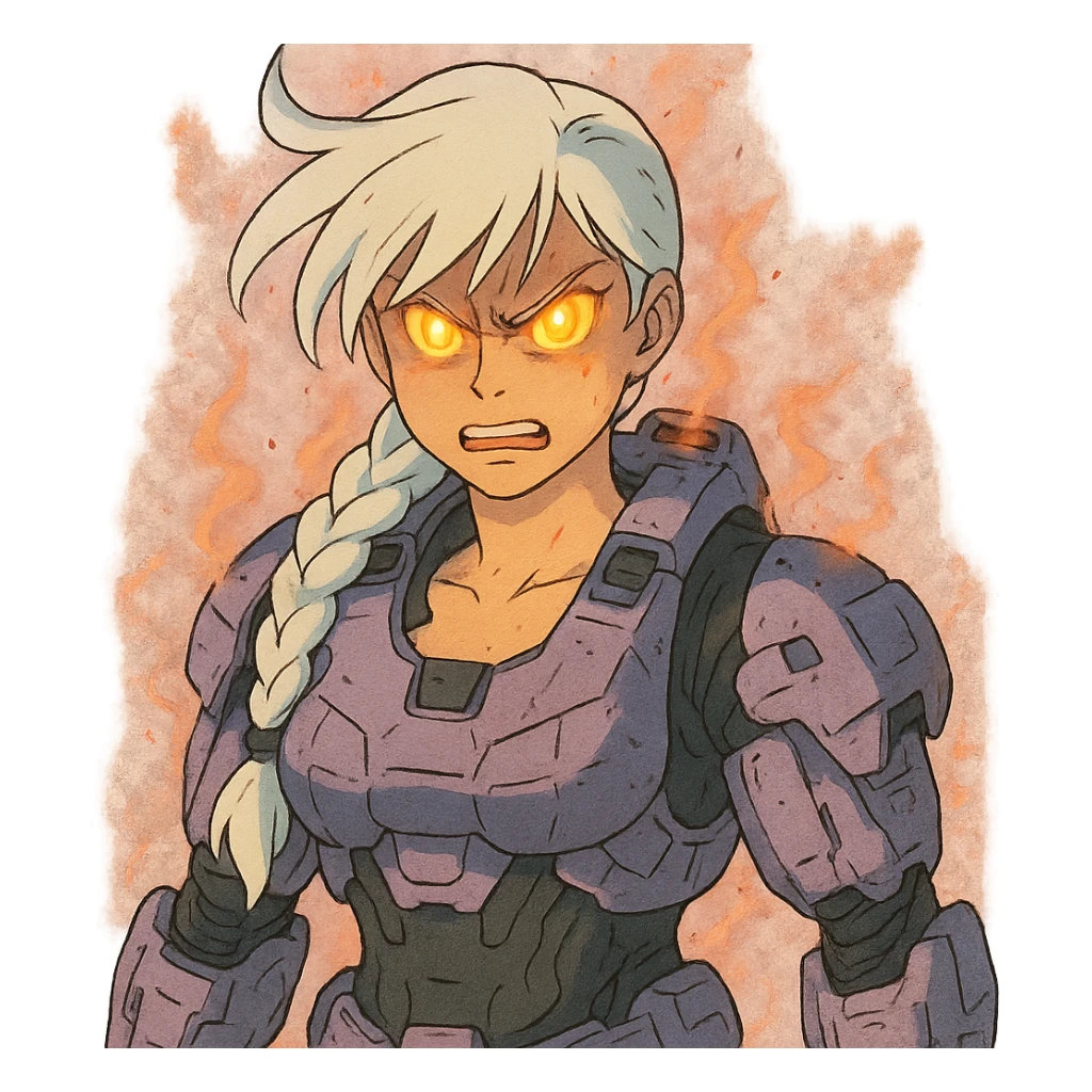 female, wearing reach spartan armor shoulder-unequip, long white braid hair with massive messy front side single bangs, gold yellow eyes, attention pose, D-cup size, HALO:series, no helmet, the armor is lavender color scheme, eyes glowing, demon eye, gleam, rage aura, body steaming sticker