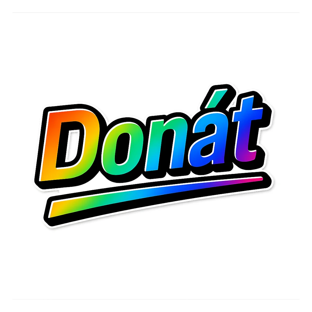 Donát name in masculine, modern gradient font with precise Hungarian characters, dark outline, extra thick, prominent white letter border, dynamic slanted underline, rainbow gradient colors, 1000x1000 px, PNG, transparent background sticker