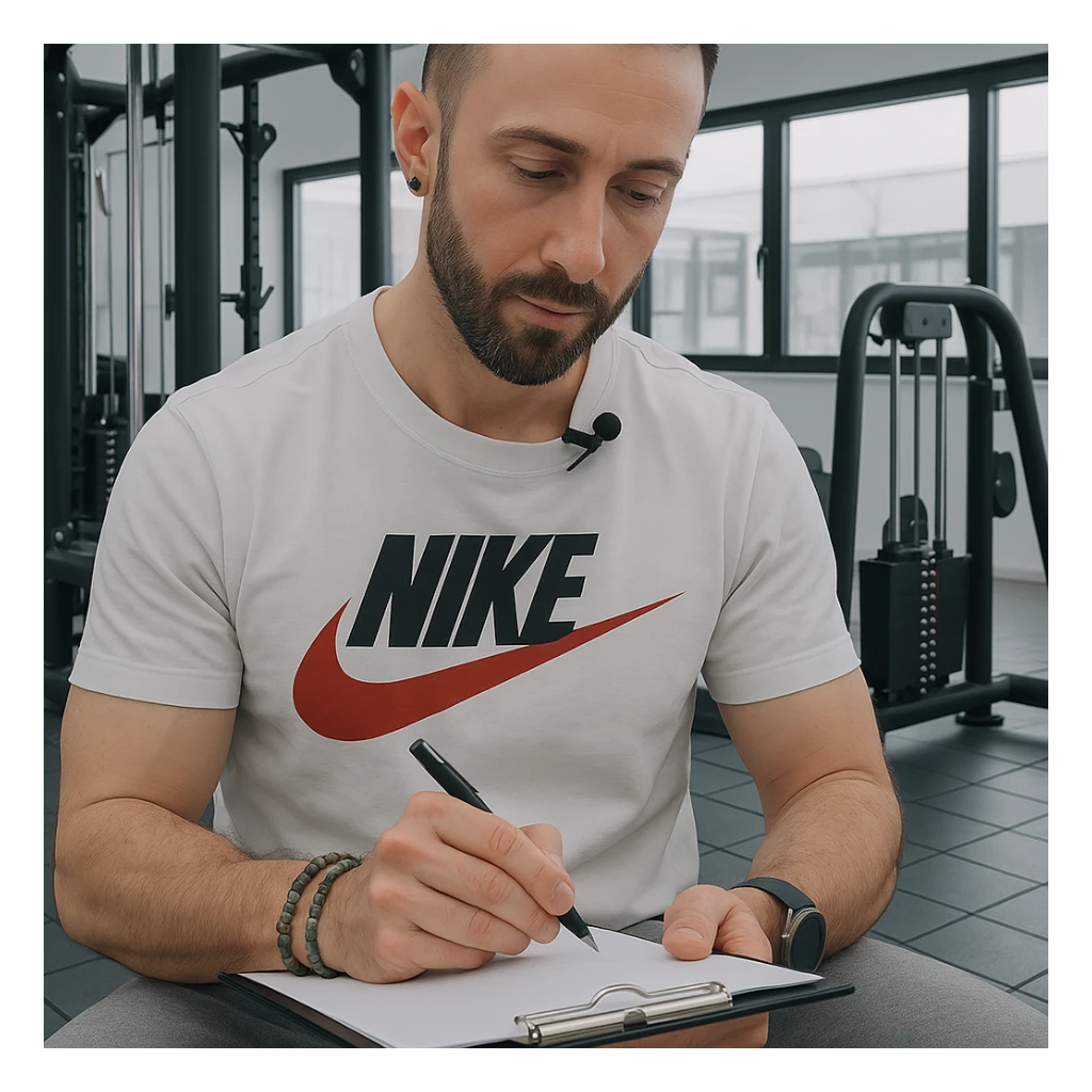 Personal trainer in a gym, inspired by the person in the reference photo, preparing a personalized workout plan for a client, in a professional and motivating environment. sticker