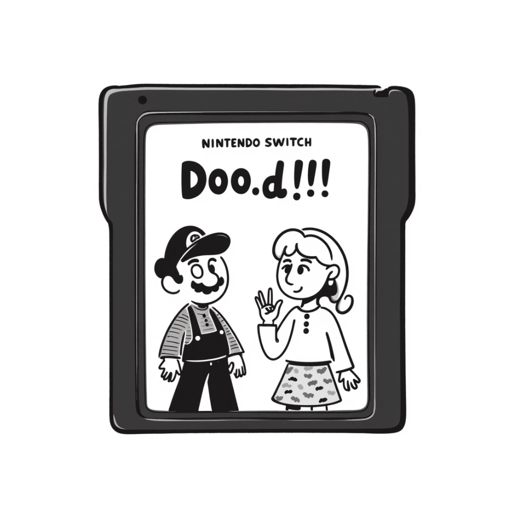 A hand-drawn Nintendo Switch game cartridge with game characters sketched on the label sticker